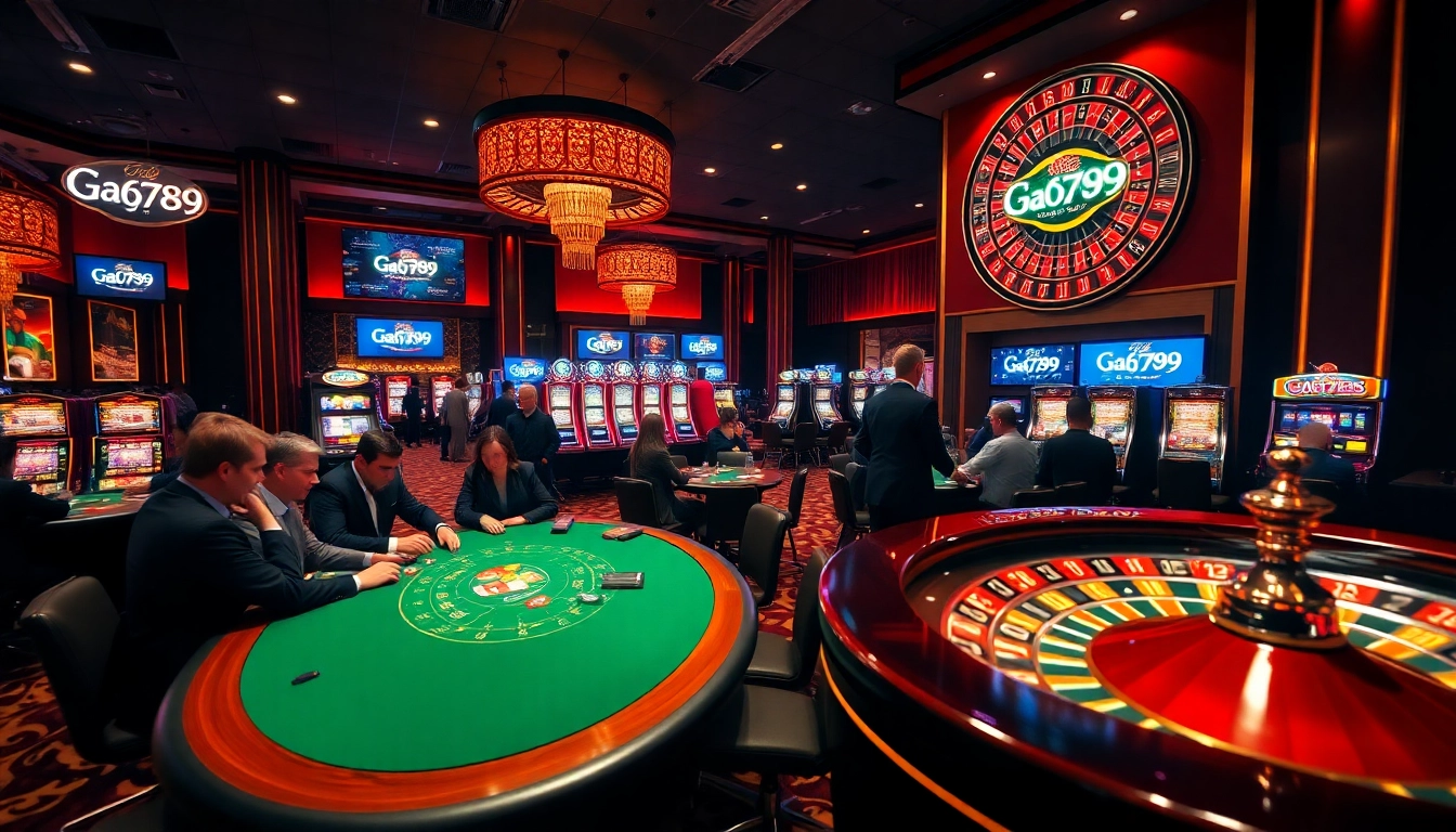 Players enjoying an exciting gaming experience at Ga6789 casino with vibrant slot machines and a thrilling poker table.