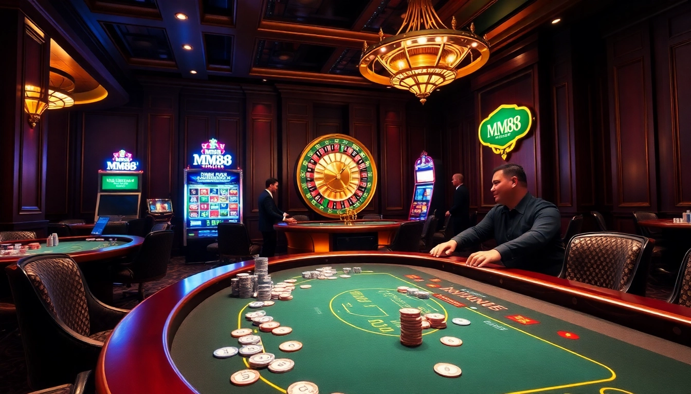 MM88 casino scene showcasing a vibrant poker table and roulette wheel amidst an elegant atmosphere.