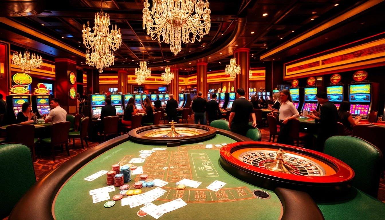 Gamblers enjoy thrilling games at Ee88's vibrant casino, featuring poker tables and slot machines.