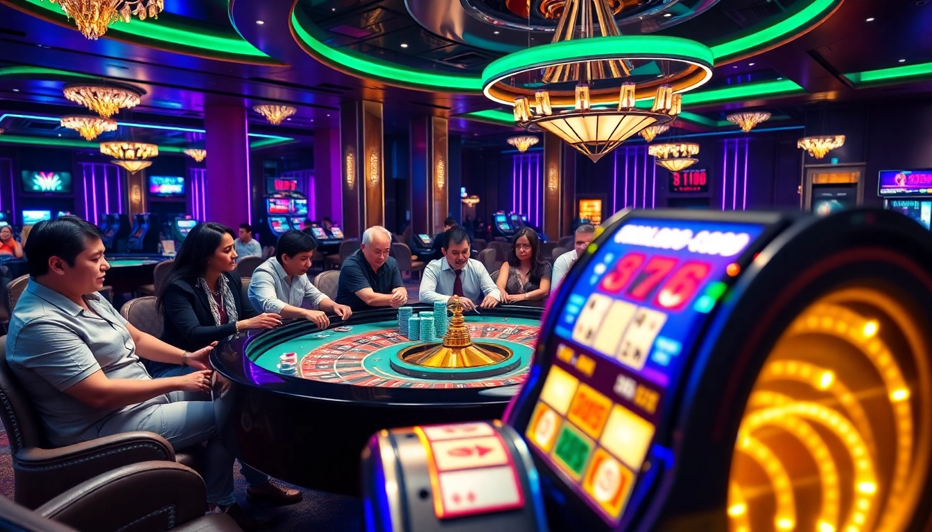 Players enjoying games at OK8386's vibrant casino, featuring roulette and slot machines.