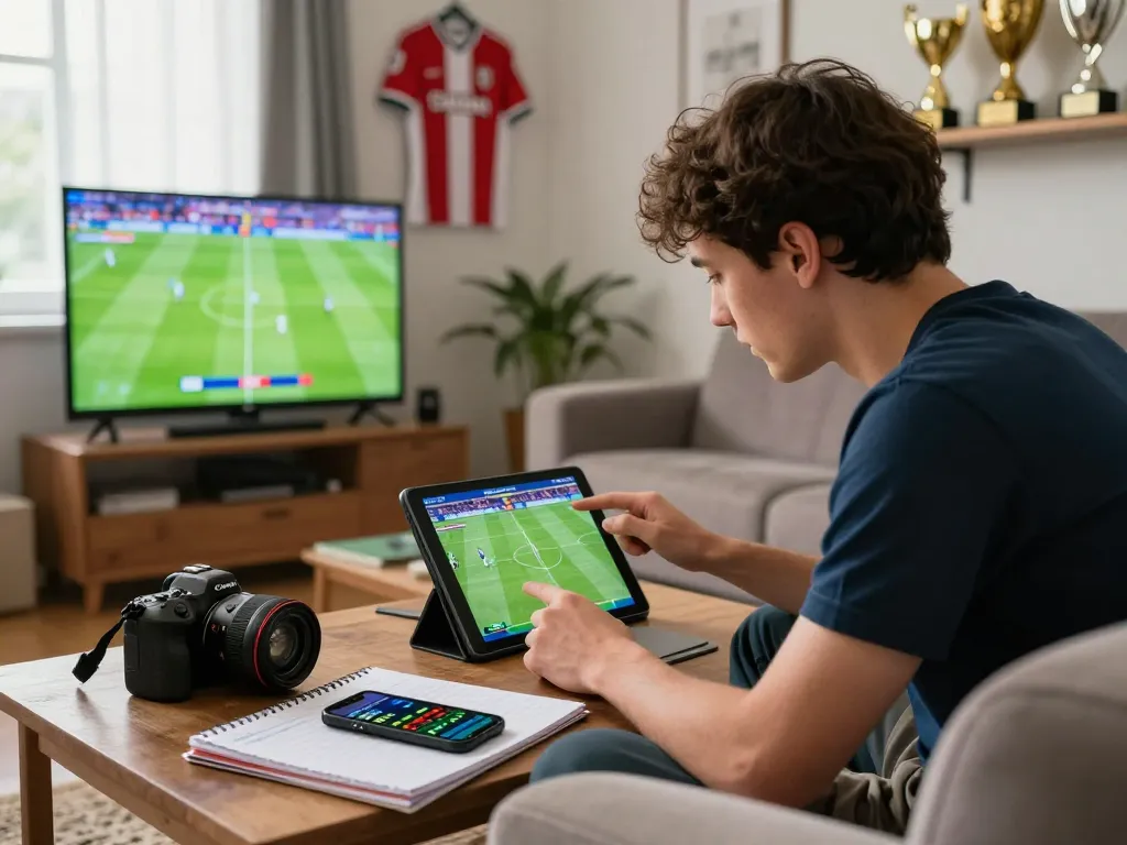 Person engaged in live betting on nowgoal with sports statistics, cozy atmosphere.
