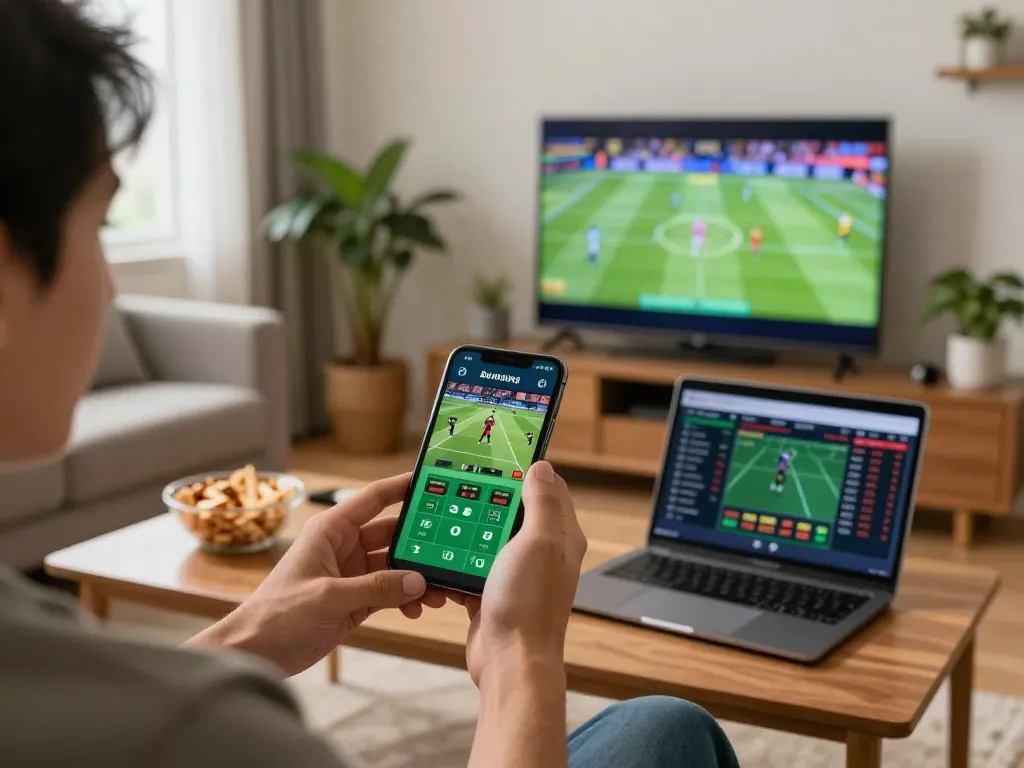 Engaged player analyzing tỷ lệ kèo nhà cái on smartphone while betting on live sports.