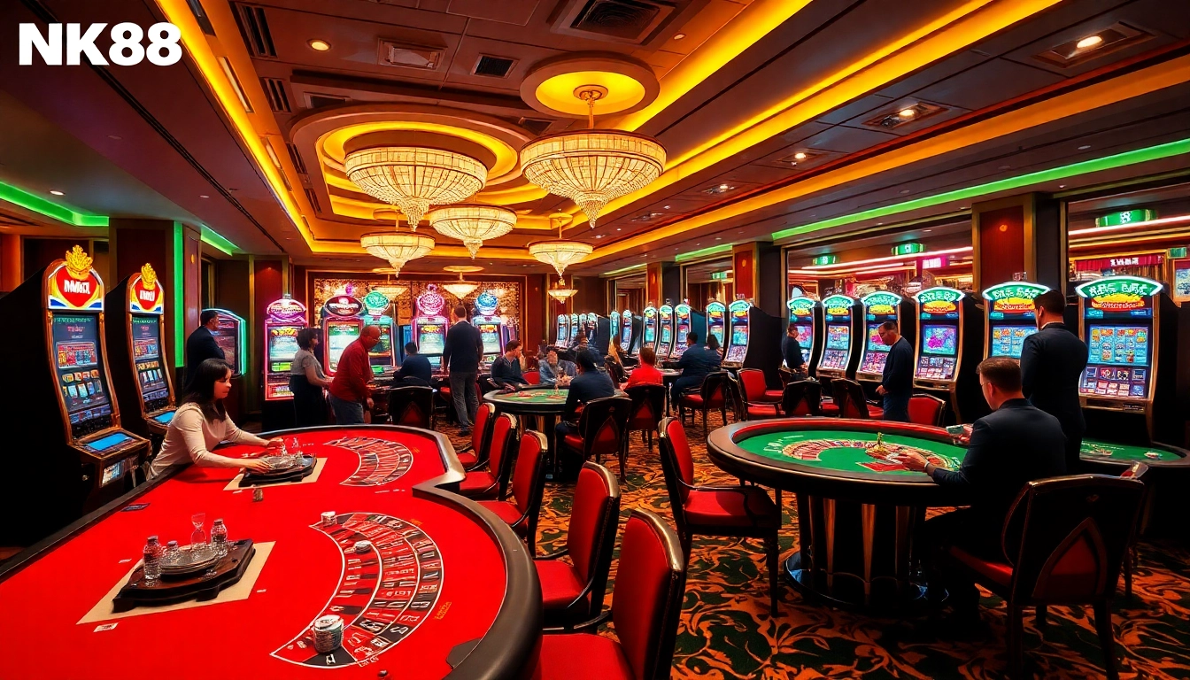 Winning players enjoying games at NK88 casino, featuring vibrant slot machines and elegant tables.
