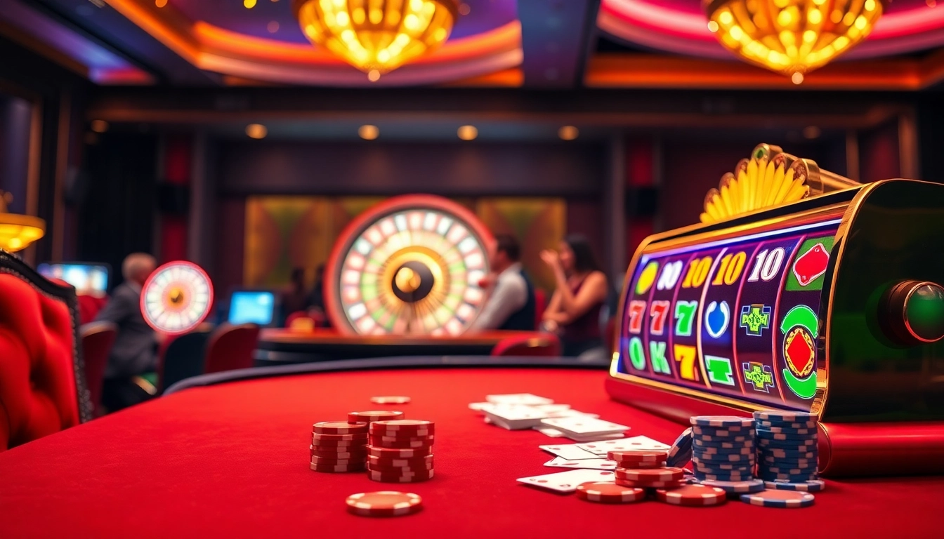 Experience the excitement of online gambling at 888NEW with vibrant casino tables and colorful slot machines.