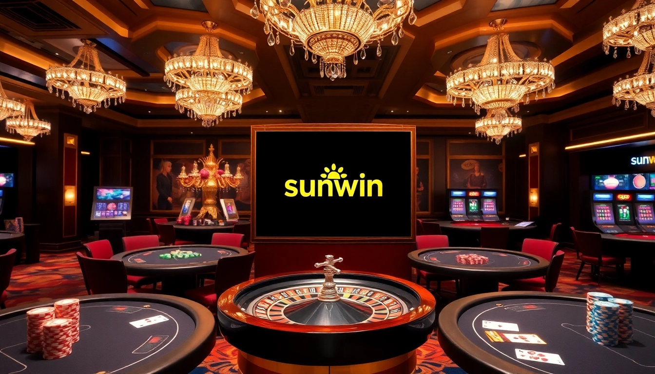 Experience luxury gaming at the sunwin casino with vibrant poker tables and a roulette wheel.
