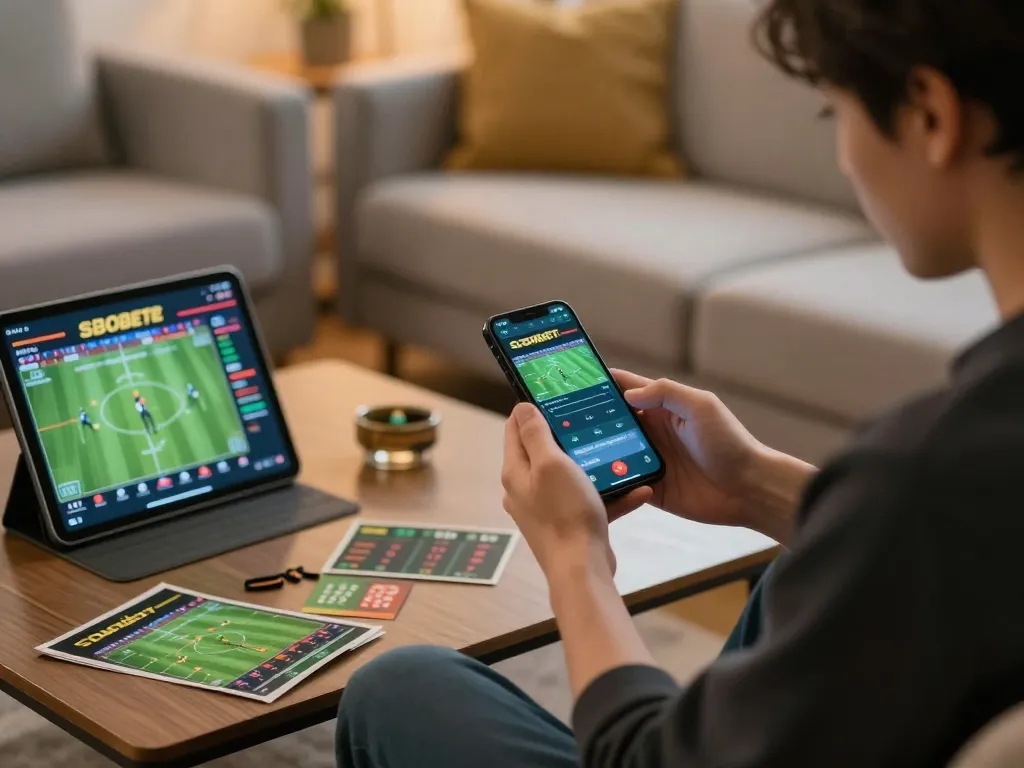 SBOBET user placing bets with smartphone in comfortable home setting, showcasing online gambling