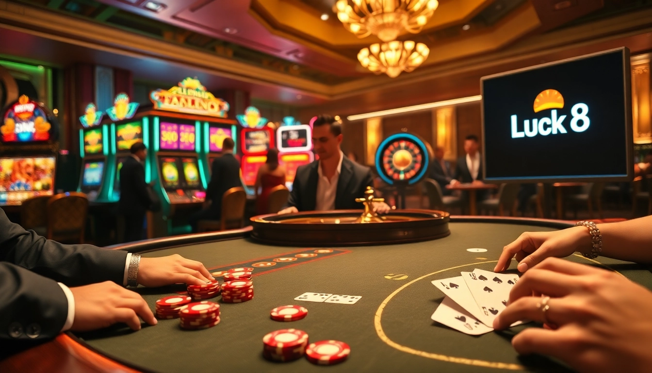 Luck8 gaming experience with players at a luxury poker table and glowing slot machines.