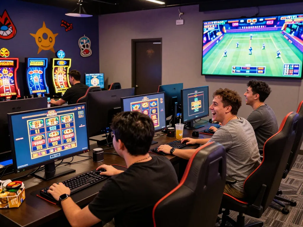 Friends enjoying a thrilling 娛樂城 gaming session in a vibrant lounge, surrounded by colorful screens and exciting atmosphere.