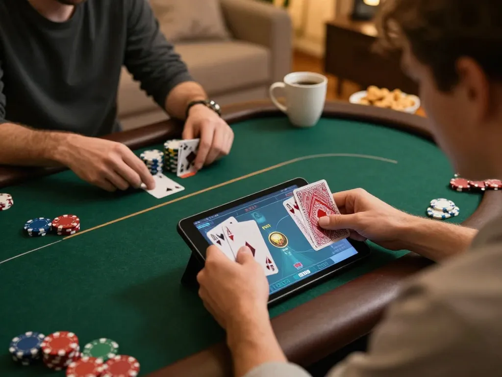 Engaged player enjoying Game bài đổi thưởng while holding cards during online session in cozy living room setting