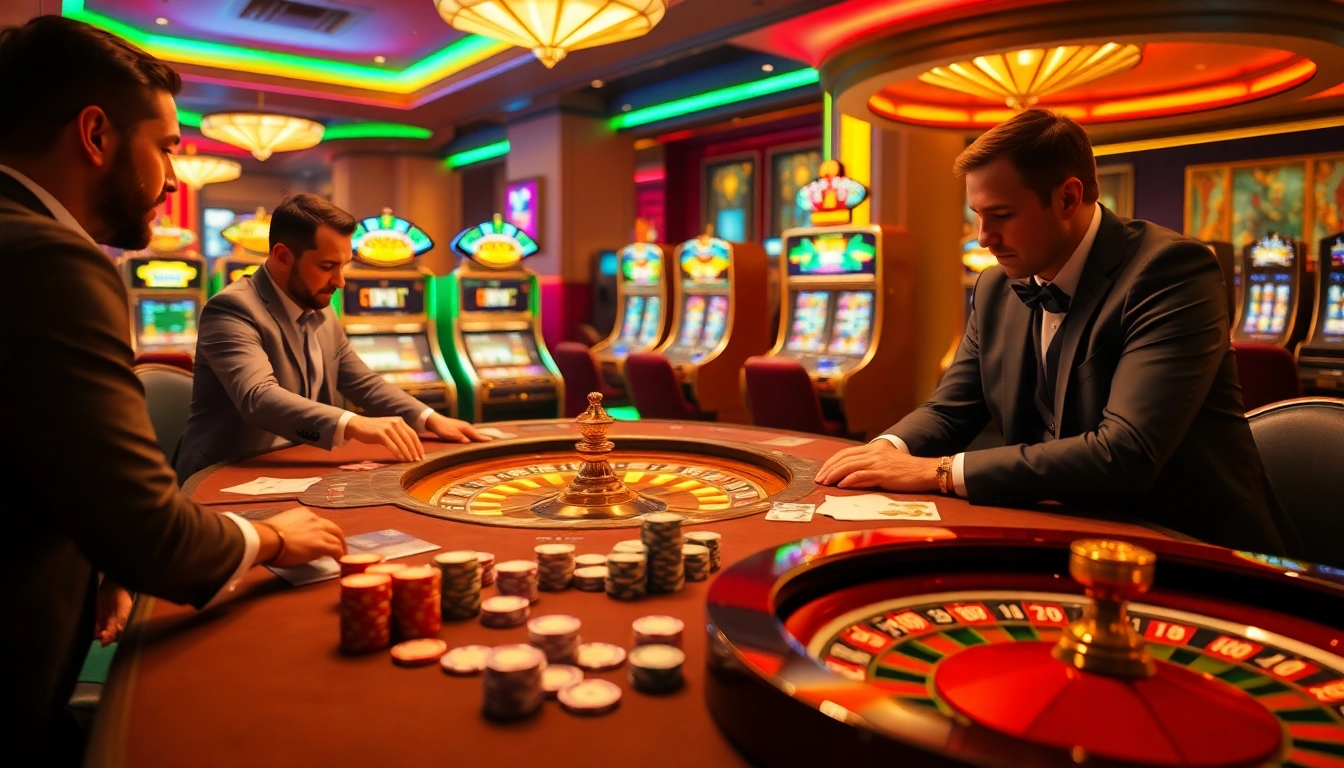 High-energy casino scene depicting gamers immersed in thrill with https://188v.bz/ featuring roulette, cards, and vibrant slot machines.