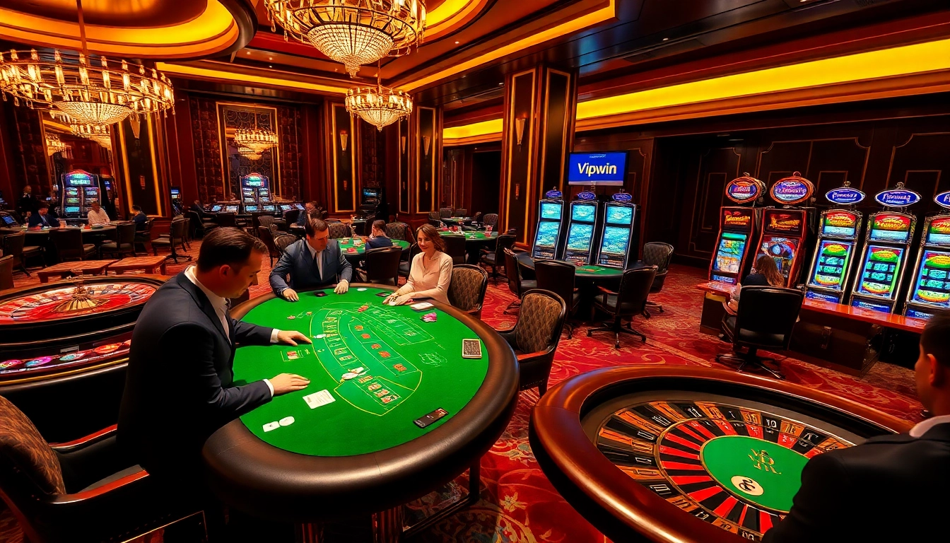Experience high-stakes excitement at Vipwin's luxurious casino with elegant tables and vibrant slot machines.