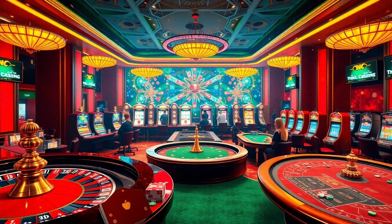 Experience thrilling gameplay and high stakes at tv88.page casino, featuring vibrant tables and elegant slot machines.
