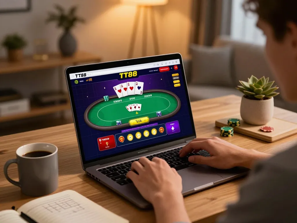 Player engaging with TT88 online casino on laptop, showcasing poker game strategy