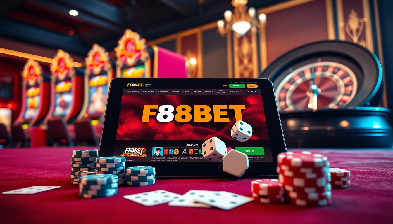 Experience the thrill of F8BET with vibrant casino elements and luxury gaming ambiance.