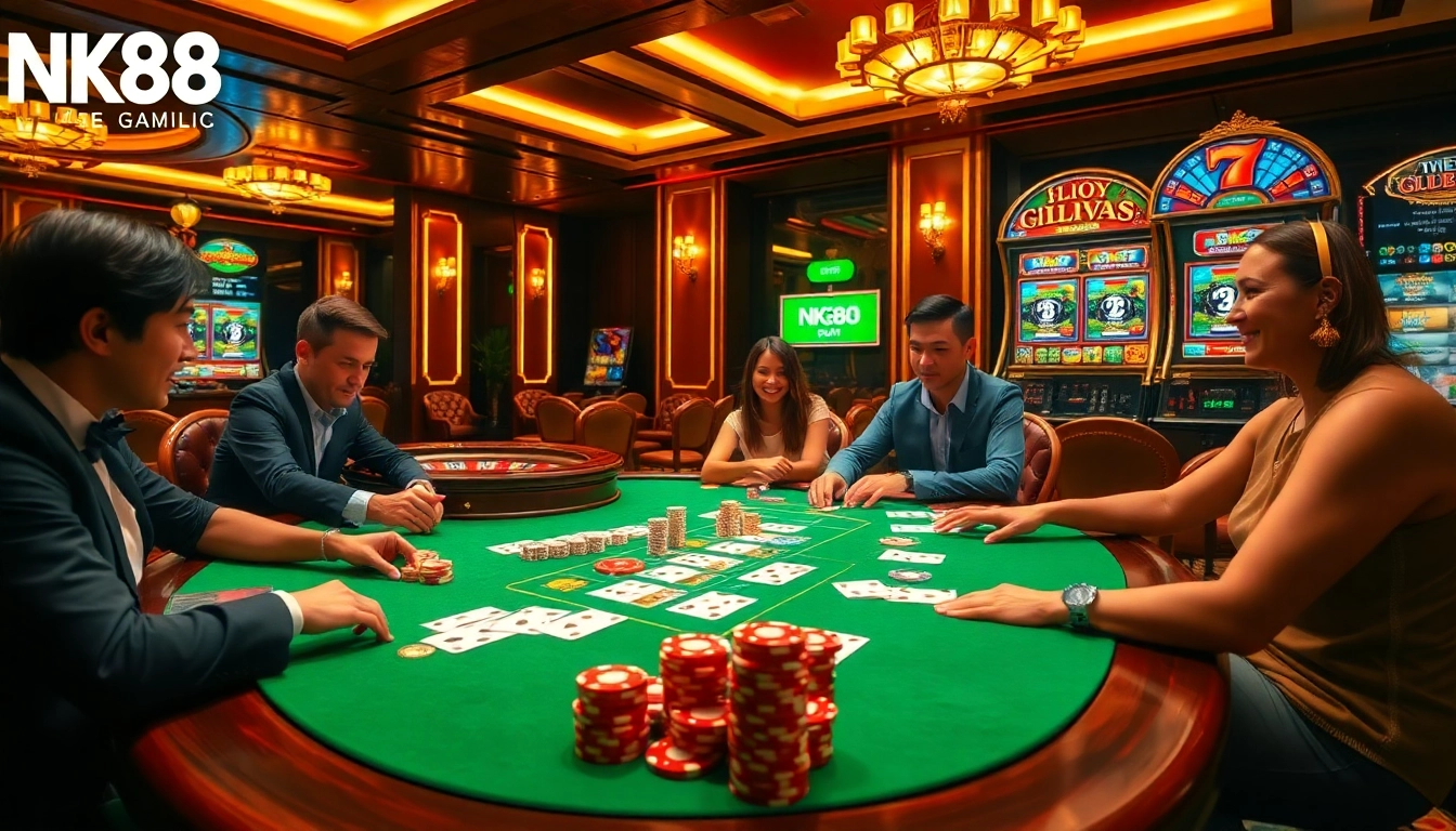 Players enjoying a thrilling game of poker at NK88's luxurious casino setting.