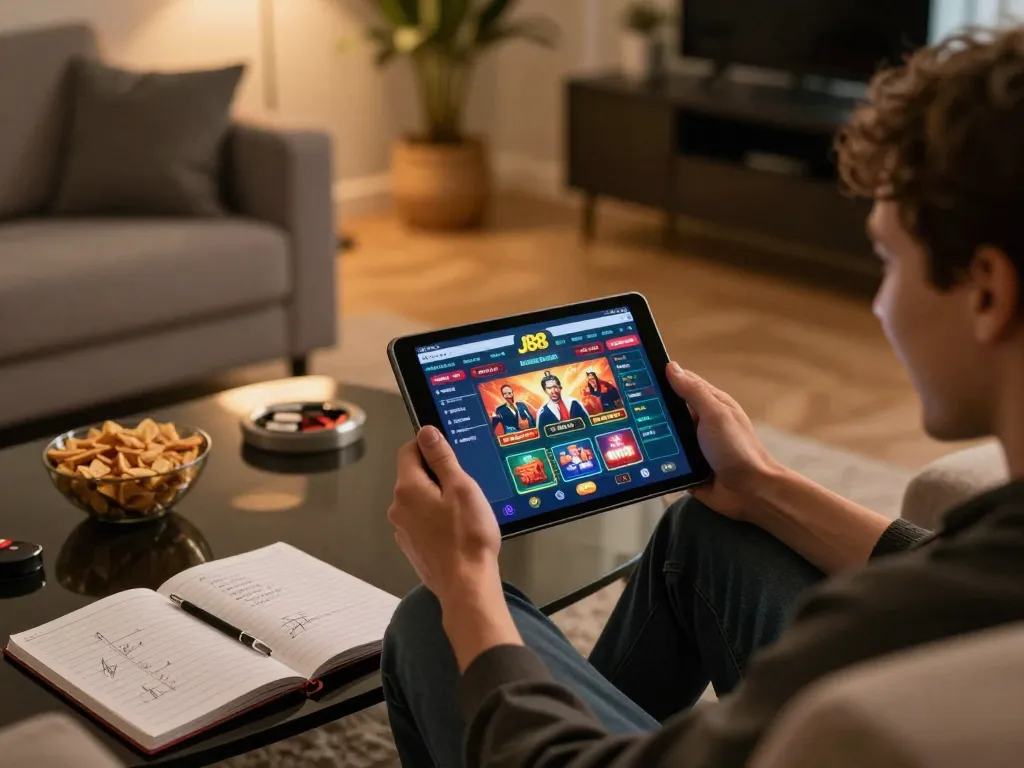 Enjoying thrilling J88 casino games on a tablet during a cozy home gaming session