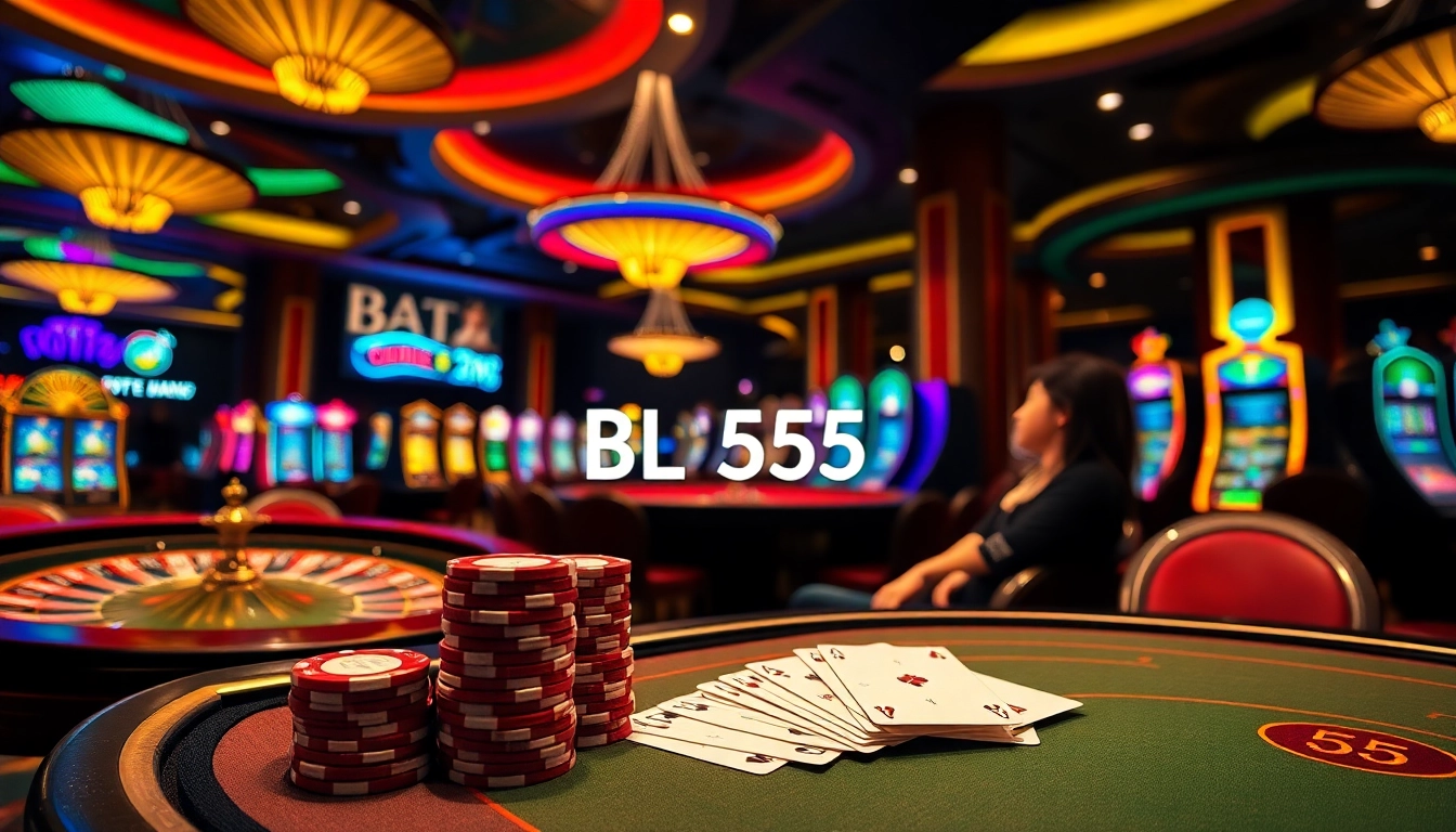 Experience the thrill of BL555 with vibrant casino gaming tables and winning poker chips.