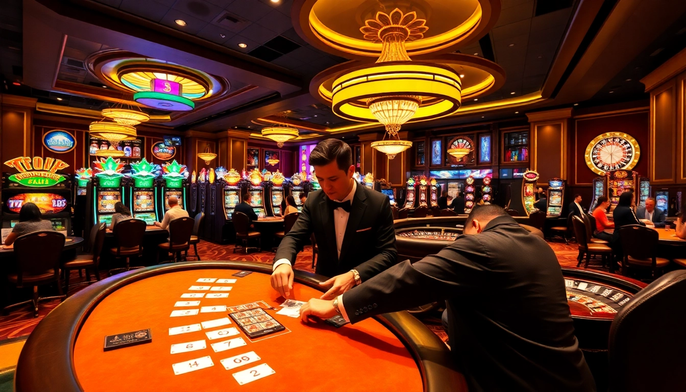 Exciting gaming action at GA88 virtual casino with dealers and vibrant slot machines.