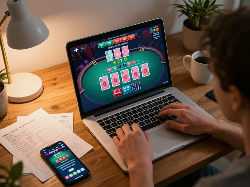 Player enjoying 3Win live dealer blackjack on a laptop at home, showcasing strategic gaming atmosphere.