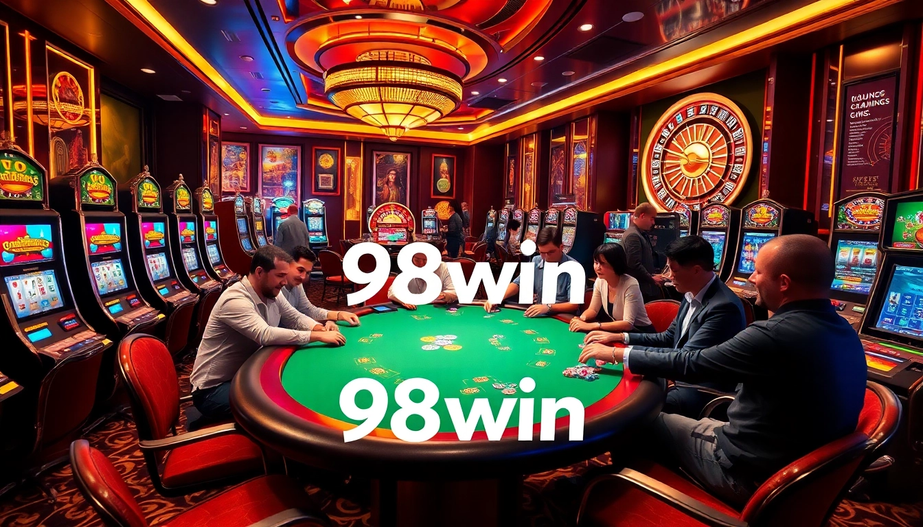 Players enjoying high-stakes poker at 98win casino, surrounded by colorful slot machines and lively atmosphere.