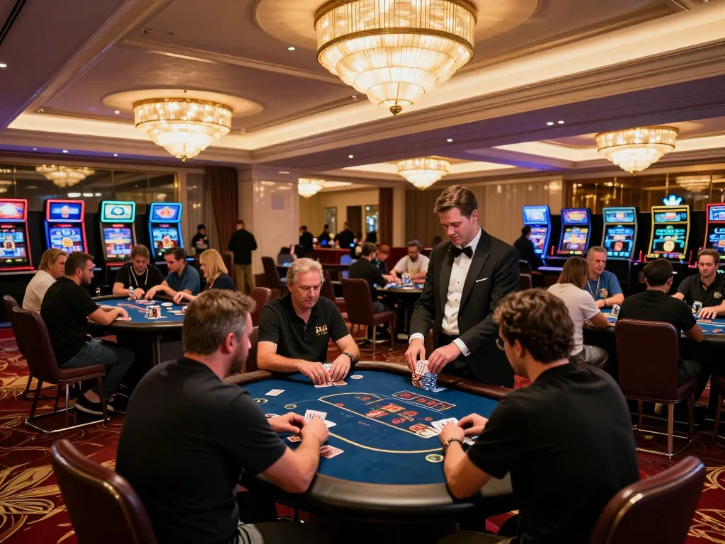Players enjoy a thrilling poker game at an upscale LV88 casino, highlighting strategic gameplay and vibrant atmosphere.
