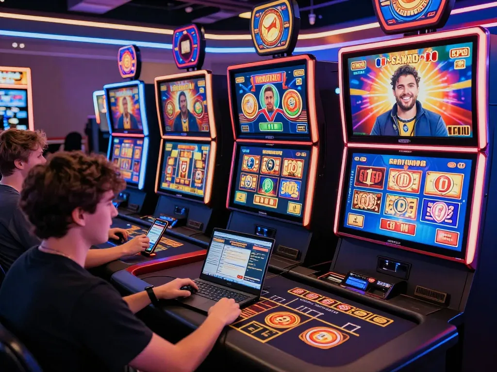Excited players enjoying G88 online casino games on various devices in a vibrant digital setting.