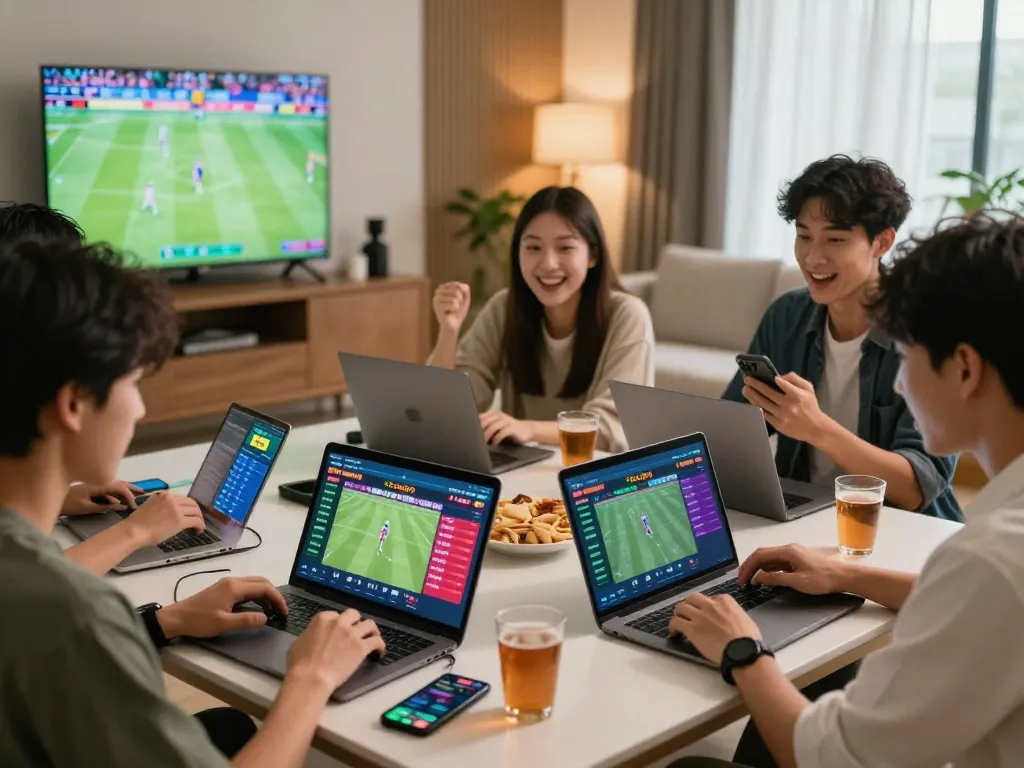 Friends celebrating and betting online with bong99 during a sports event.