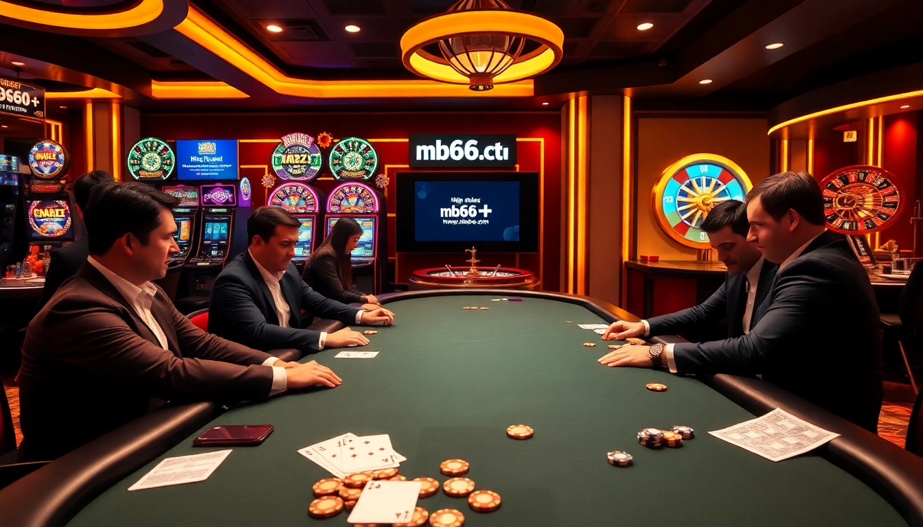 Casino scene with professional players at a poker table on https://mb66-t.com/ amidst vibrant slot machines.