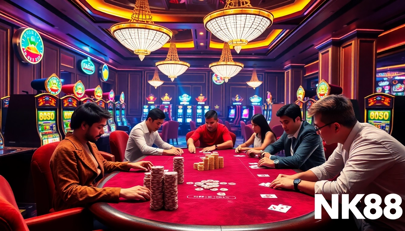 Engaging poker players at NK88 casino table in a lively, luxurious environment.
