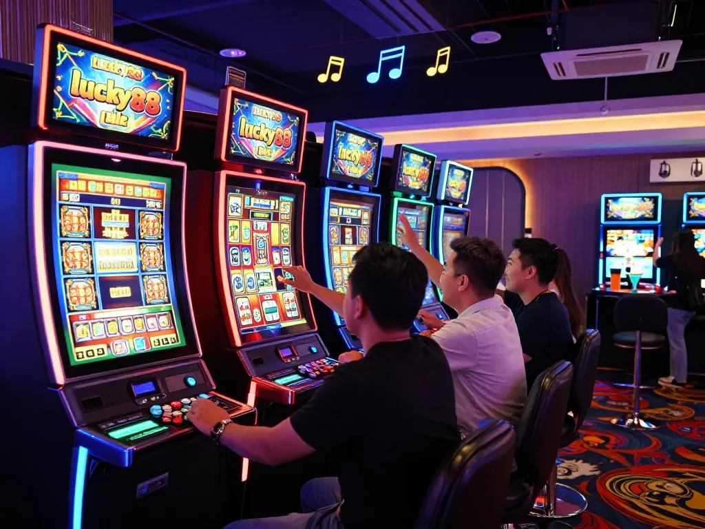 Players celebrating at a vibrant lucky88 slot machine in a lively casino atmosphere
