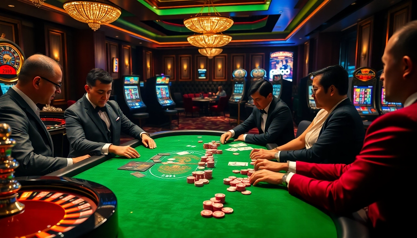 Engaging scene of a high-stakes poker game illustrating kèo nhà cái strategies, with players and casino tables set in a luxurious setting.