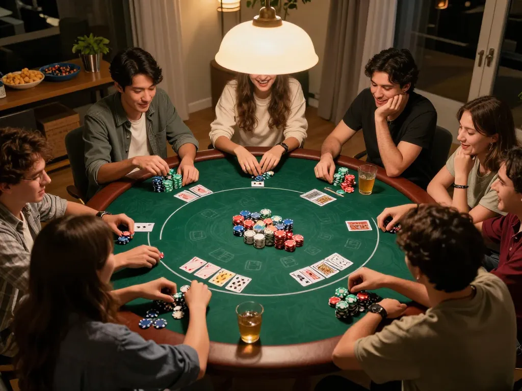 Friends playing poker at home, using strategies while enjoying snacks and drinks, connecting through gameplay at https://v788.biz/ for exciting moments.