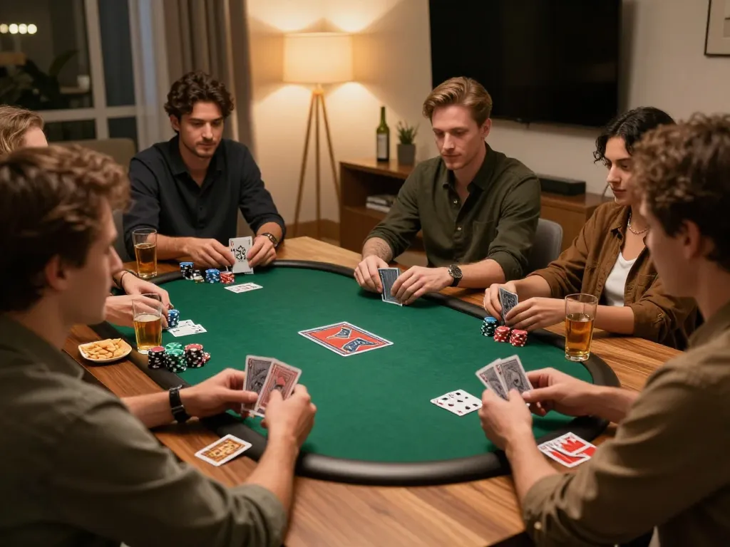 Engaged friends strategizing during an intense poker game at home, showcasing CAKHIA TV themed excitement.