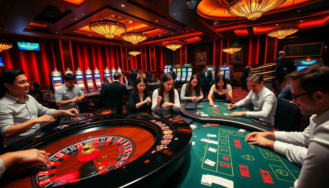 Players enjoying a thrilling game at VB88, surrounded by poker chips and a lively casino atmosphere.