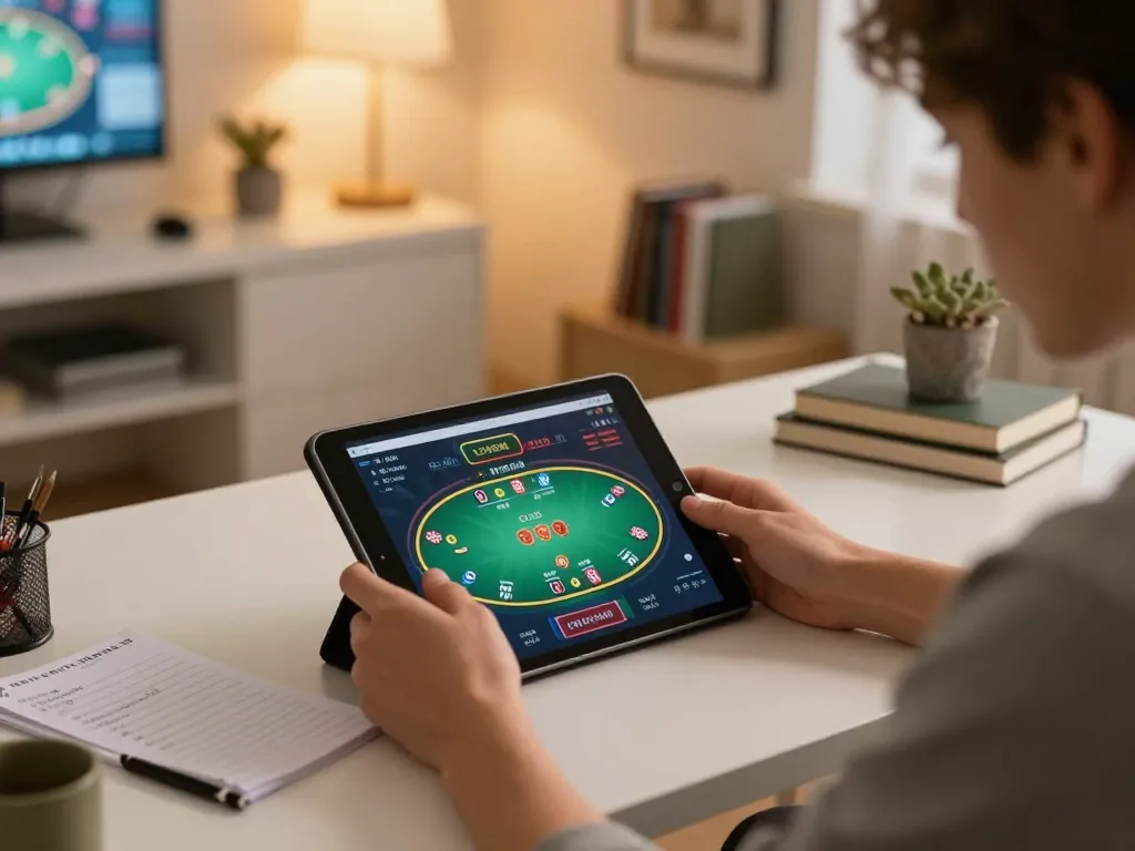 Player using tablet for online casino gaming at tr88, focusing on strategic gameplay.
