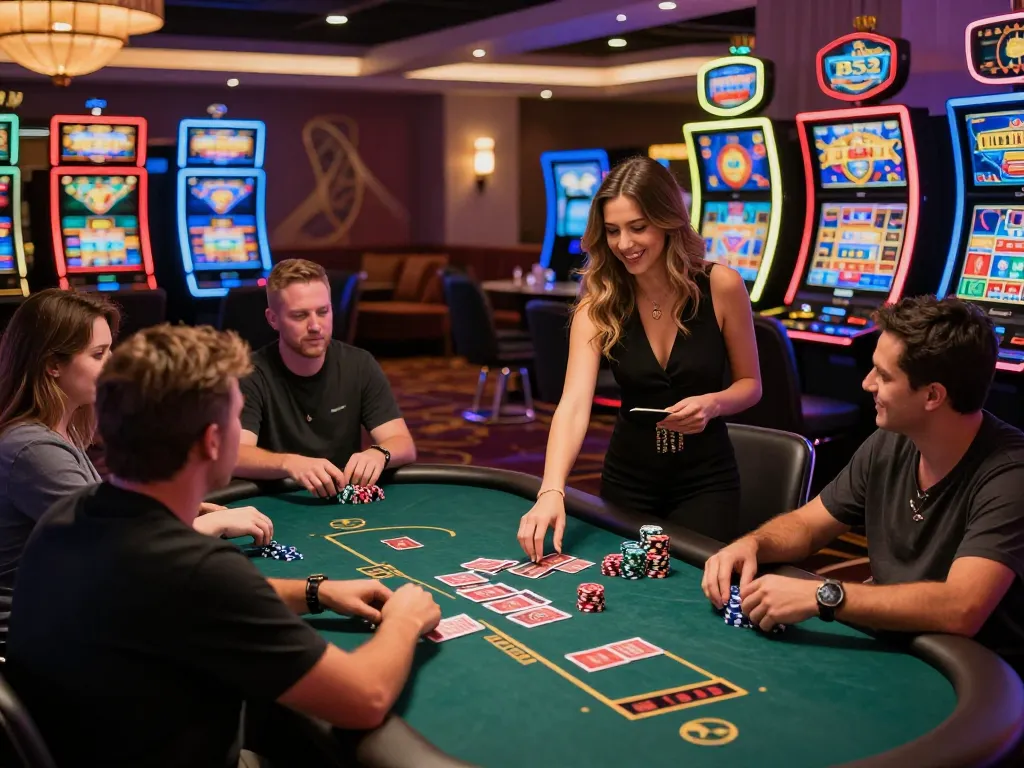 B52 Club gaming environment with players at poker table and vibrant slot machines.