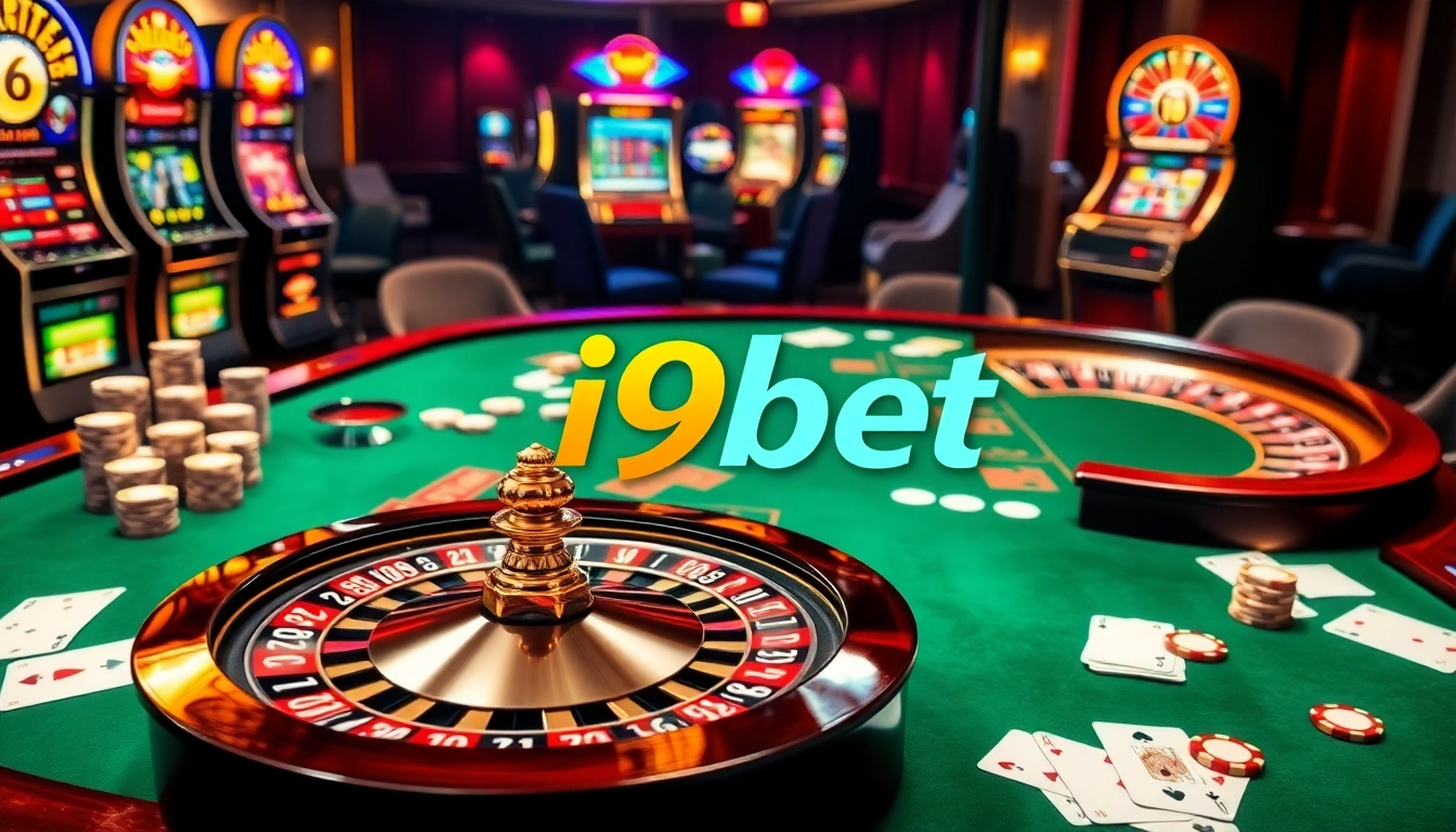 i9bet offers a vibrant casino scene with poker tables, roulette wheels, and high-energy gameplay elements.