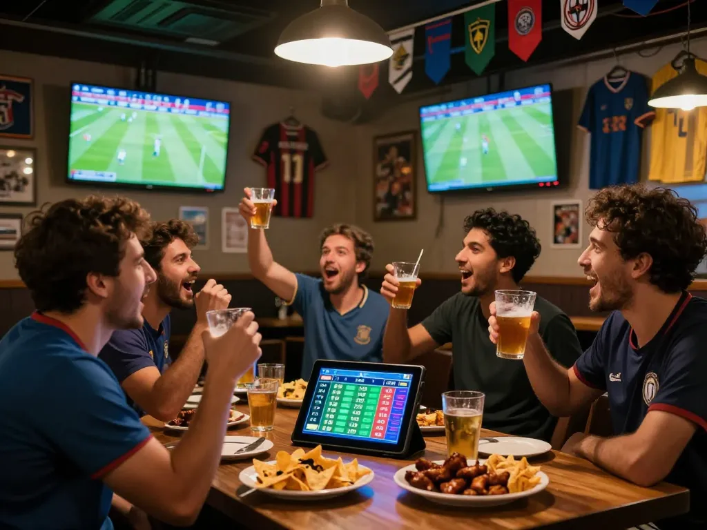 Cá độ bóng đá scene with fans celebrating at sports bar during live match.