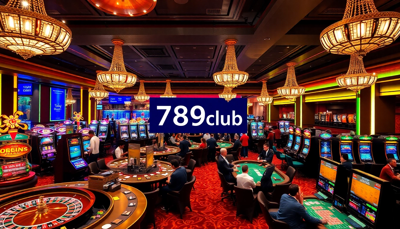 Immerse yourself in the thrilling games at 789club, showcasing casino tables and vibrant slot machines.