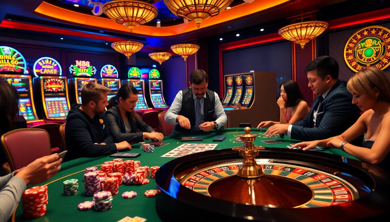 Experience the thrill at MM88 casino with players engaging at tables and vibrant slot machines.