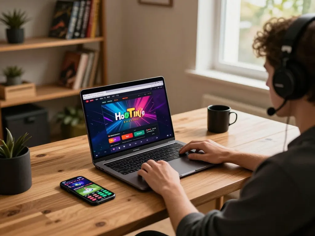 Engaged player using Hbet platform on laptop while exploring casino games.