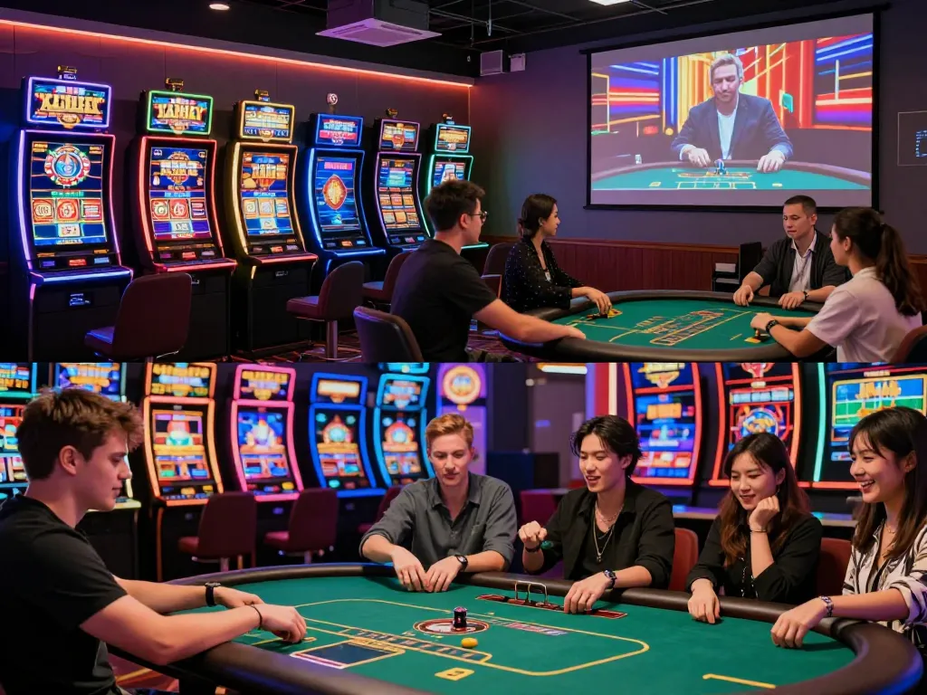 S666 gaming scene with players at poker and roulette tables, showcasing vibrant casino excitement.