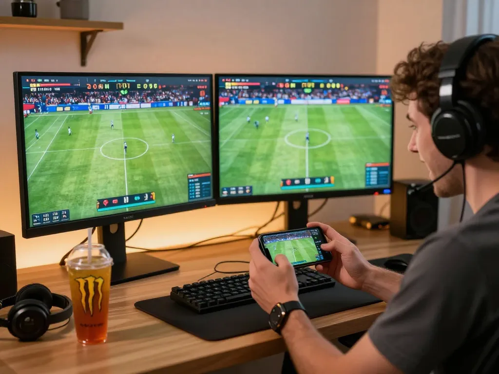 Thrilling player engagement with 33WIN during live sports betting in a modern home office.