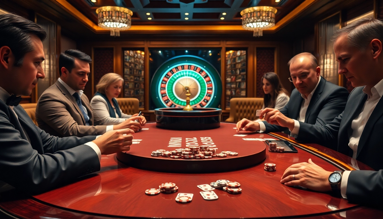 Exciting poker game with UK88 branding at a luxurious casino table, capturing the thrill of high-stakes gambling.