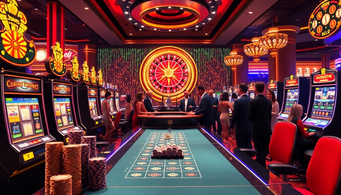 Excitement in hubet casino with dealers and vibrant gaming scene full of slot machines and roulette.