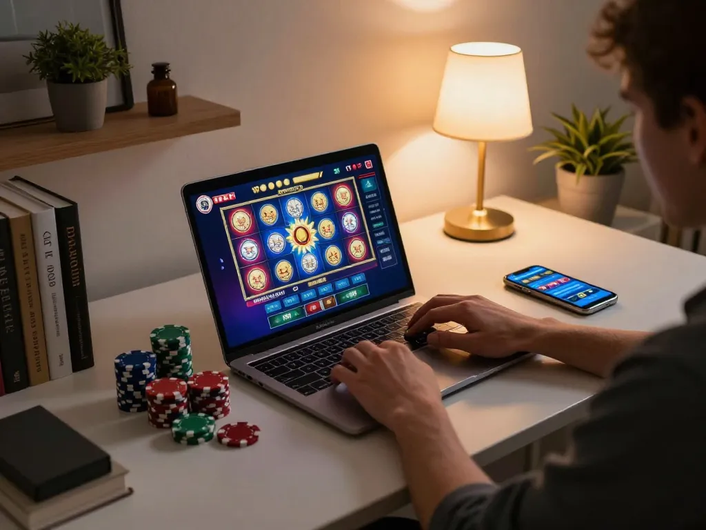 Engaging online casino gaming at https://f168.tech/ showcasing a vibrant slot game interface and poker chips
