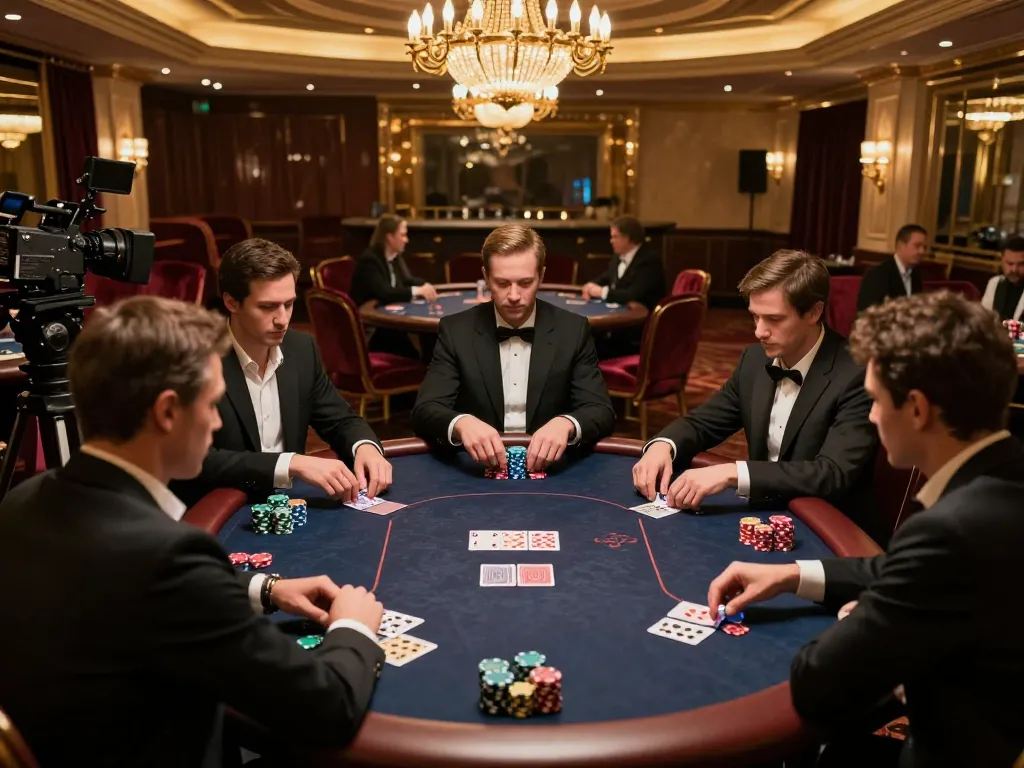 Players at high-stakes poker game in an upscale casino showcasing strategy with 789WIN chips.