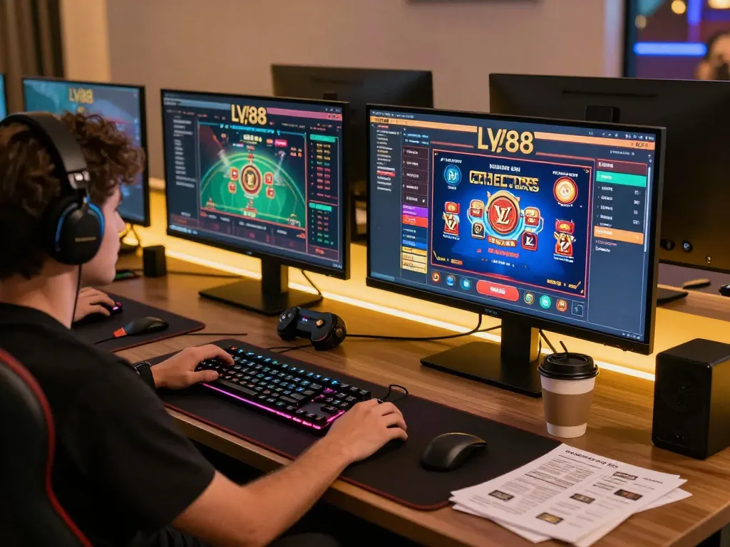 Engaging online gaming experience at LV88 with multiple screens showcasing casino games
