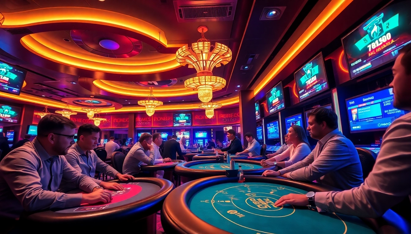 Engaging scene of 789bet poker players at a vibrant casino, showcasing excitement and high stakes.