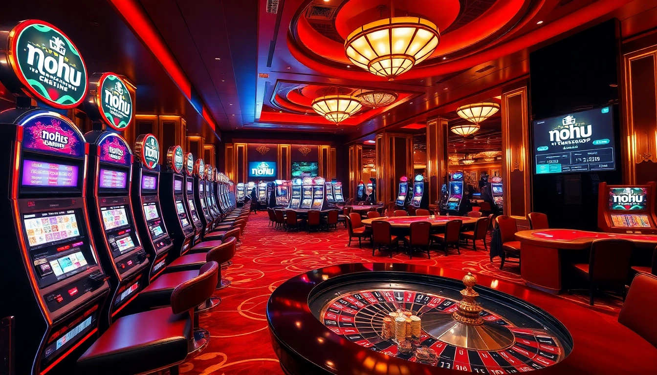 Nohu online gambling showing players enjoying slots and poker in a luxurious casino environment.